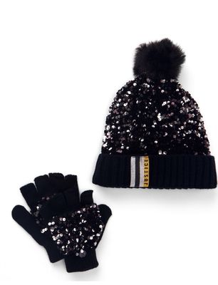 Fluff Sequin Beanie and Glove