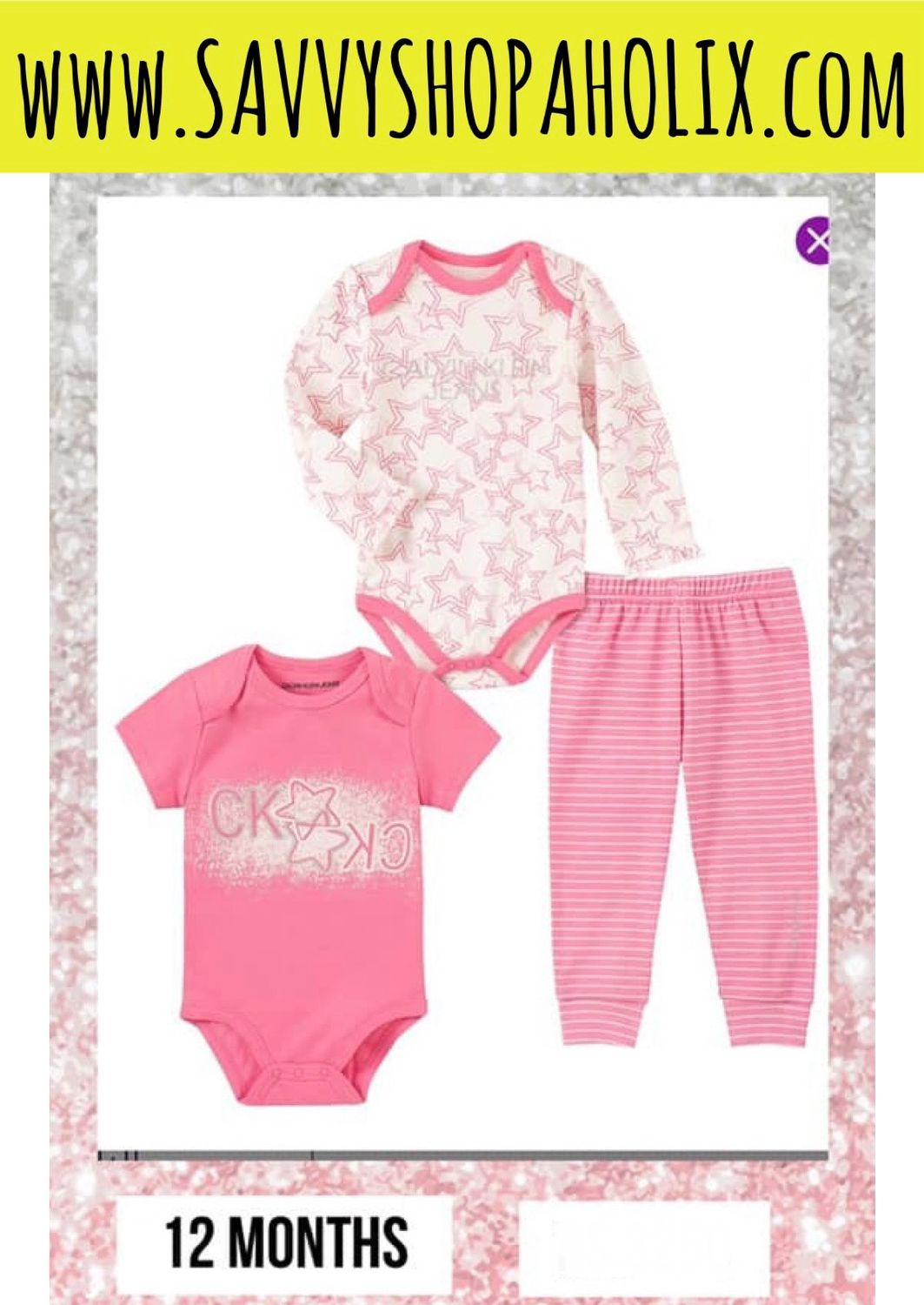 Pink &amp; Ivory Logo Star Bodysuit Set by Calvin Klein