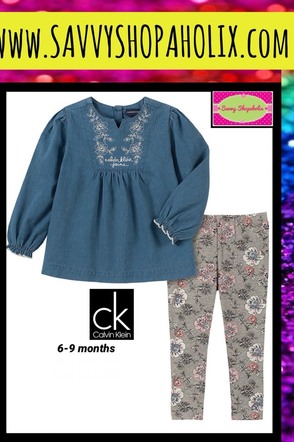 Denim Embroidered Logo Tunic with Grey Floral Tights Leggings by Calvin Klein