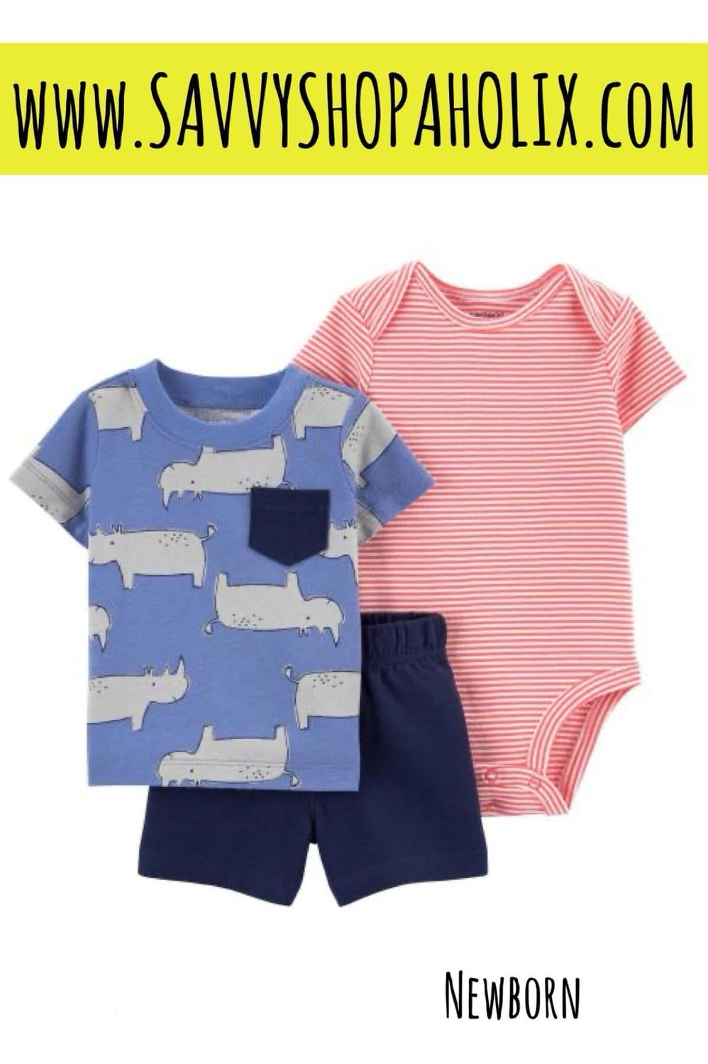 Carter’s 3pc Baby Boy Cotton Shorts Outfit- Hippo