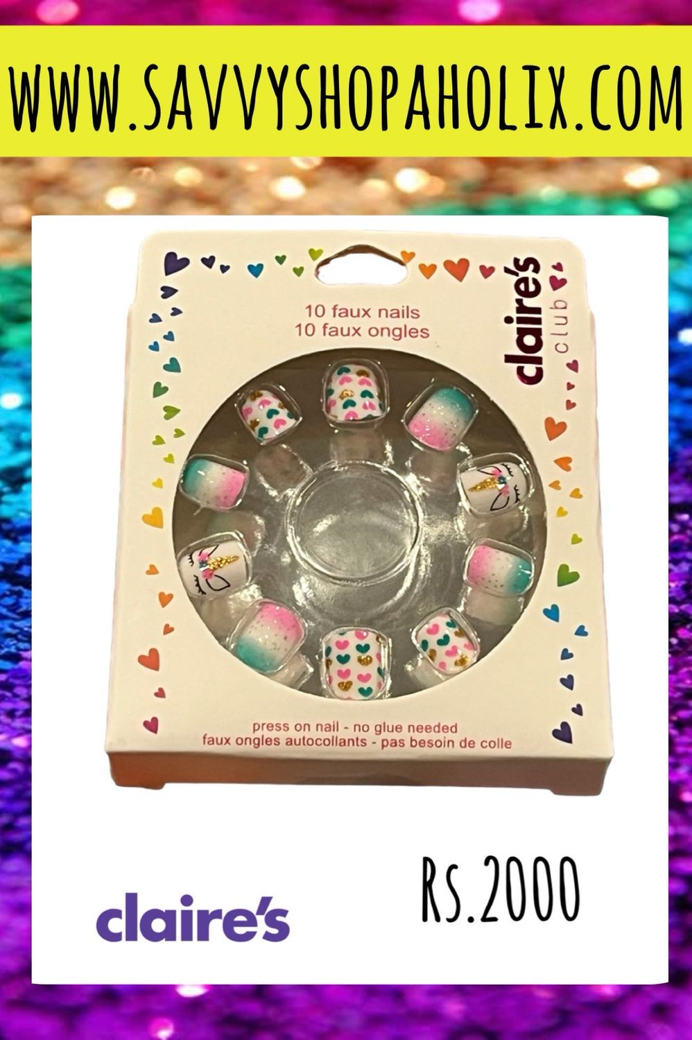 CLAIRE'S 10 FAUX KIDS PRESS ON NAILS- NO GLUE NEEDED