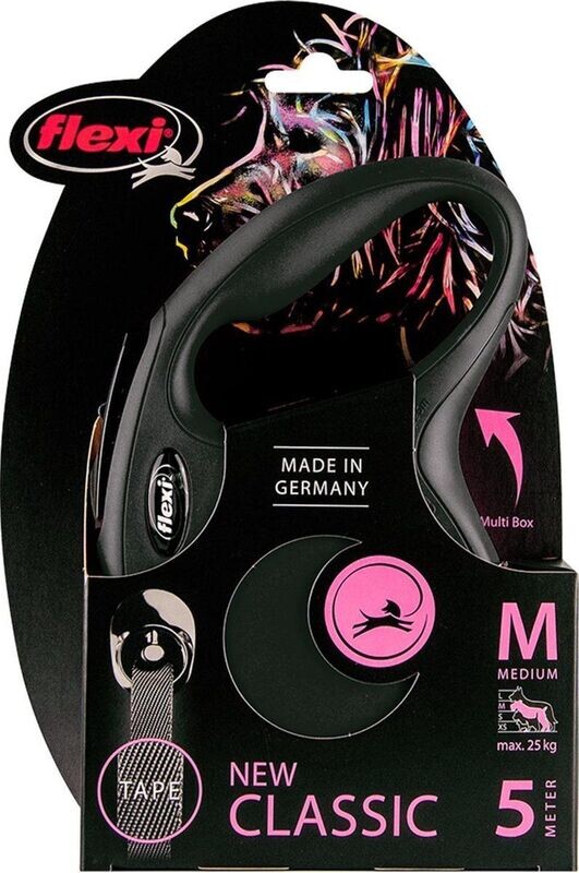 Flexi - hondenriem uitrolriem - rollijn - katrol medium tot 20kg - 5 meter met tape - zwart