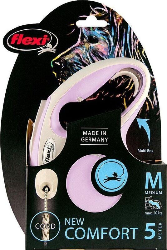 Flexi - hondenriem uitrolriem - rollijn - katrol medium tot 20kg - 5 meter met koord - comfort lijn - roze grijs