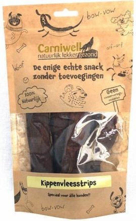 Carniwell - kippenvleesstrips - 100 Gram - Hypoallergeen Kauwsnack - Hondensnoepjes - natuurlijke hondensnacks kip