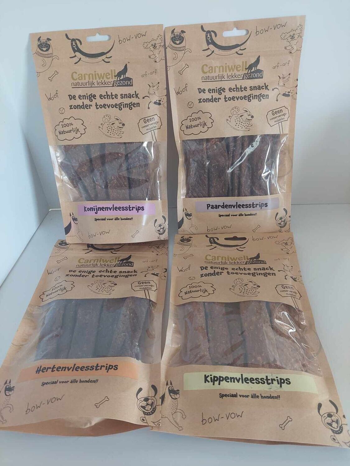 Mixpakket carniwell natuurlijke vleesstrips kip - hert - paard - konijn