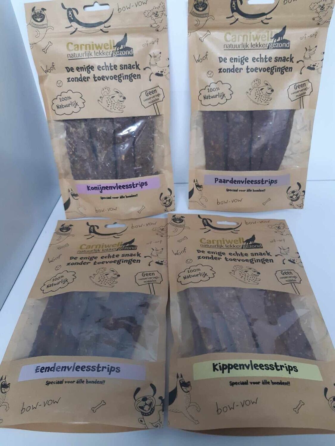 Carniwell - mixpakket natuurlijke strips 4 smaken a 100gr - hondensnacks - eend - paard - konijn - kip