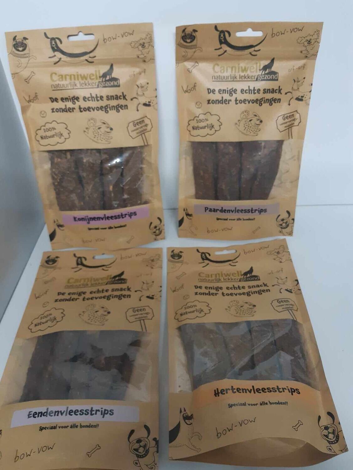 Carniwell - mixpakket natuurlijke strips 4 smaken a 100gr - hondensnacks - hert - paard - konijn - eend