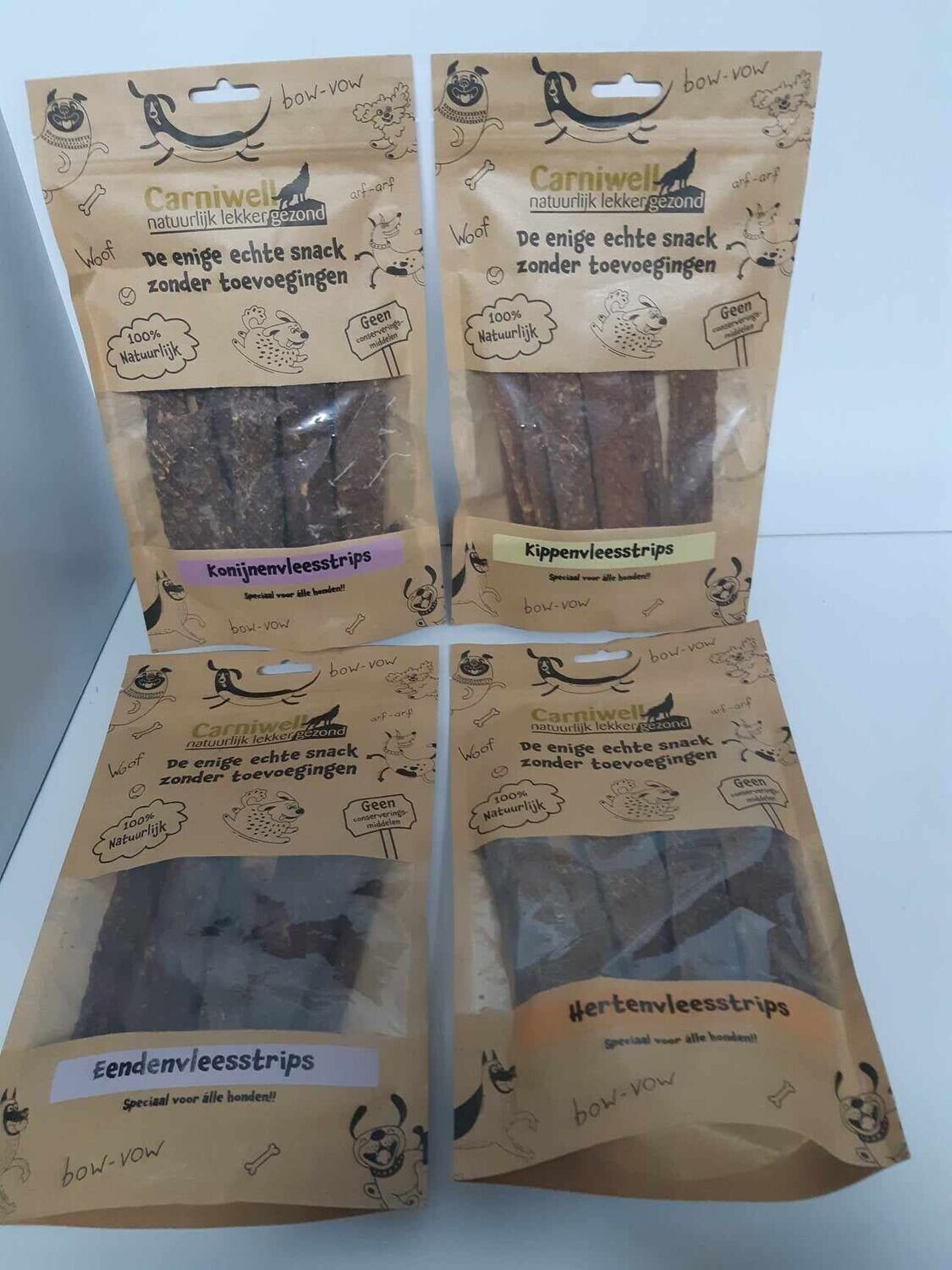 Carniwell - mixpakket natuurlijke strips 4 smaken a 100gr - hondensnacks - hert - konijn - eend - kip