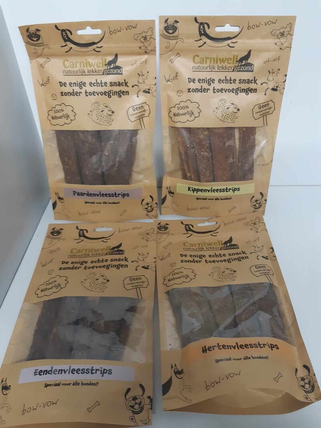 Carniwell - mixpakket natuurlijke strips 4 smaken a 100gr - hondensnacks - hert - paard - eend - kip