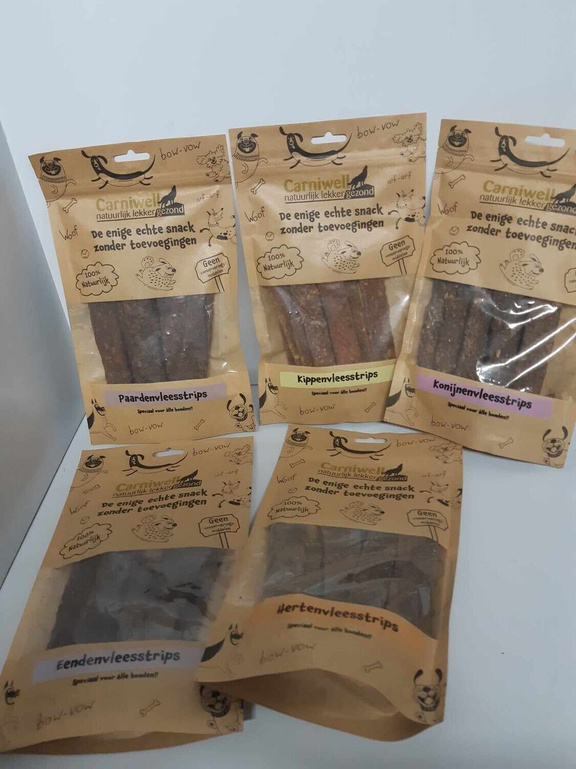 Carniwell - mixpakket natuurlijke strips 5 smaken a 100gr - hondensnacks - hert - paard - eend - kip - konijn