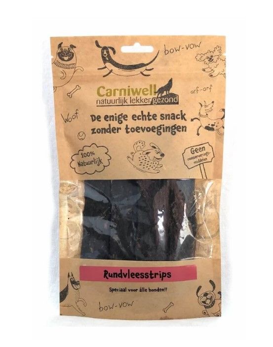 Carniwell - rundvleesstrips- 100 Gram - Hypoallergeen Kauwsnack - Hondensnoepjes - natuurlijke hondensnacks rund