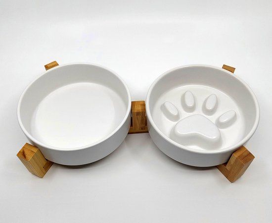 Deluxe set Keramiek voer&drinkbak met bamboe standaard 600cc wit/white met geïntegreerde anti-schrokbak