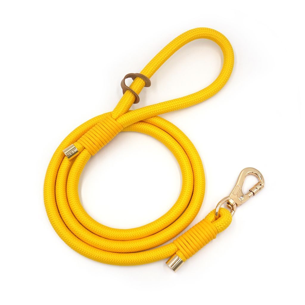 Ronde hondenriem van 150cm in 9 blitse kleuren - geel - ligt lekker in de hand - met metalen meedraaiende gesp - ACTIE!