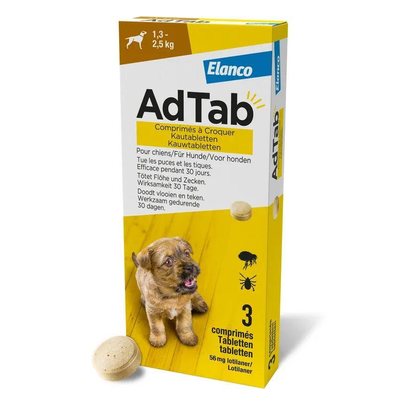 AANBIEDING!! Bayer - Elanco - Adtab ontvlooiing tablet ontvlooiingstablet anti-vlooien en teken tabletten 3st hond 1.3-2.5kg