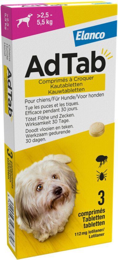 AANBIEDING!! Bayer - Elanco - Adtab ontvlooiing tablet ontvlooiingstablet anti-vlooien en teken tabletten 3st hond 2.5-5.5kg