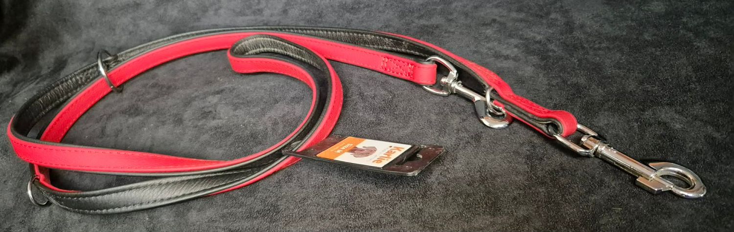 Karlie leren trainingsriem driestandenriem hondenriem leder 200cm * 18mm soft leer rood/zwart