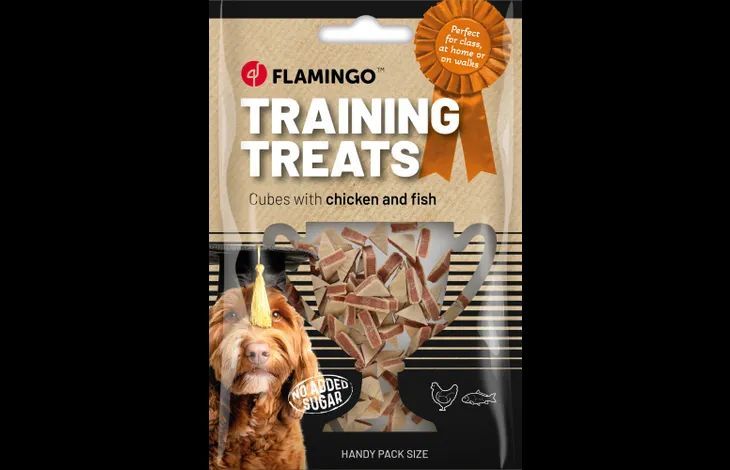 !NIEUW! Flamingo trainingssnacks hondensnacks kip/vis triangels beloningssnoepjes snacks 60gr (ZIE BULKVOORDEEL)