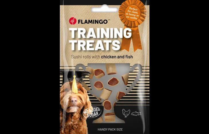 !NIEUW! Flamingo trainingssnacks hondensnacks kip vis sushi rolletjes beloningssnoepjes snacks 60gr (ZIE BULKVOORDEEL)