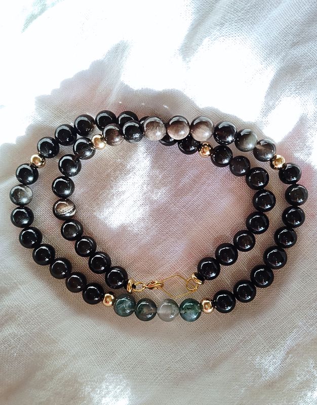 Collier en Agate mousse et Obsidienne argentée