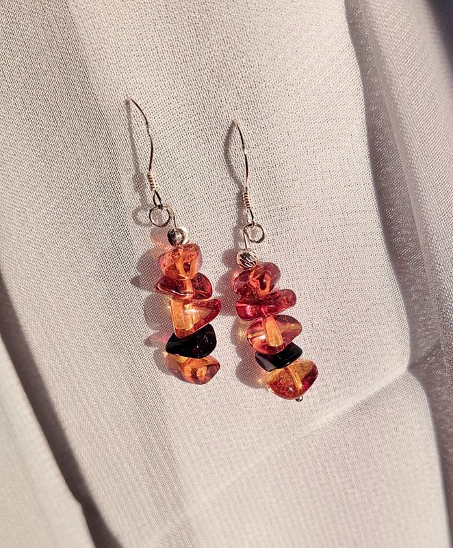 "Les Pendantes" Argent925 en Ambre cognac chips