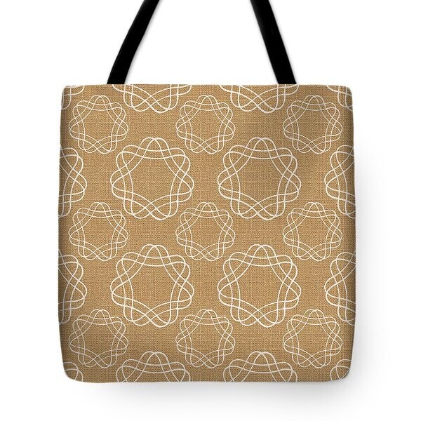 Burlap and White Geometric Flowers Tote Bag