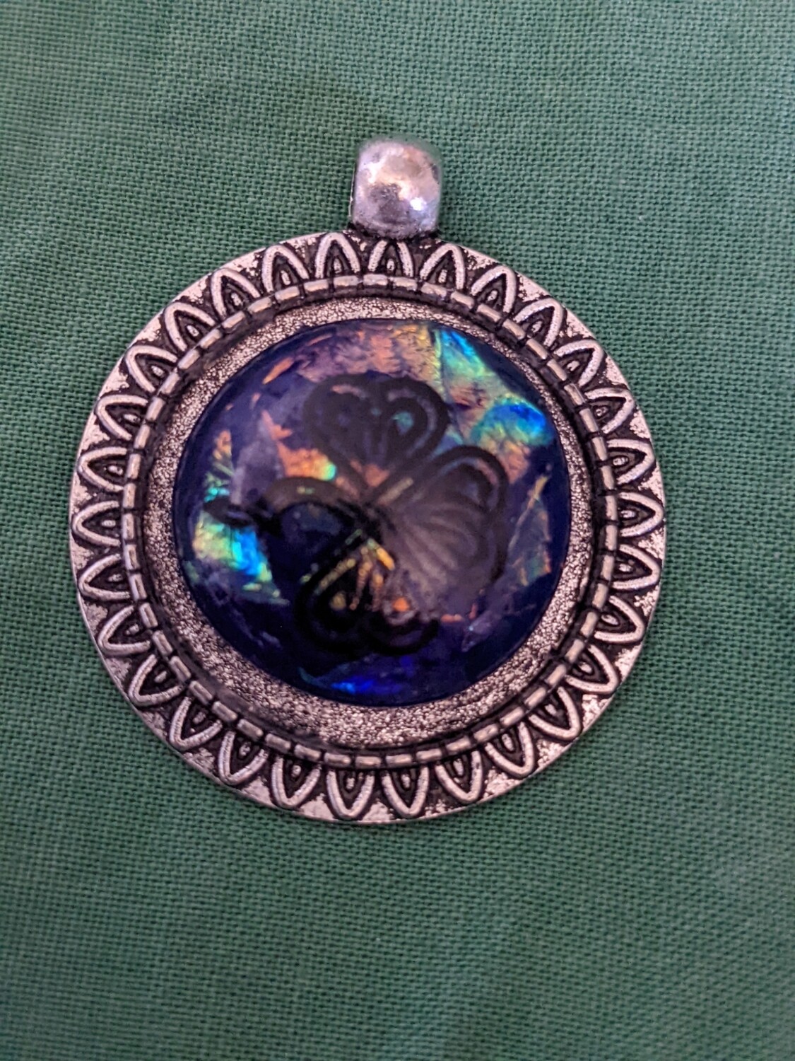 Dark blue Stained Glass, Tie-dye Dichroic glass with a Black 3-leaf clover on the Pendant