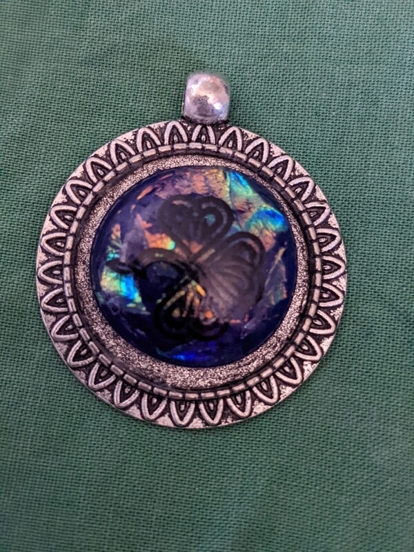 Dark blue Stained Glass, Tie-dye Dichroic glass with a Black 3-leaf clover on the Pendant