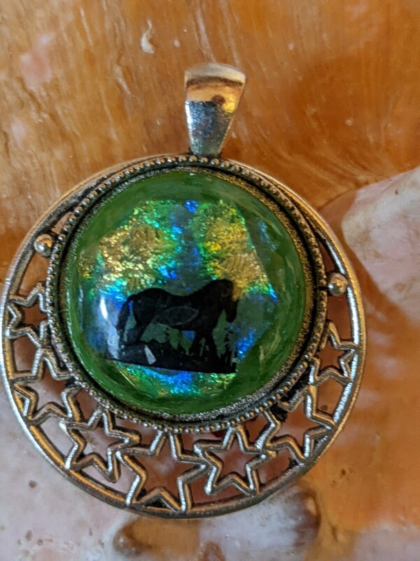 Green Stained Glass, Blue/Green, Yellow, &amp; Gold Dichroic Glass with Horse decal on Pendant