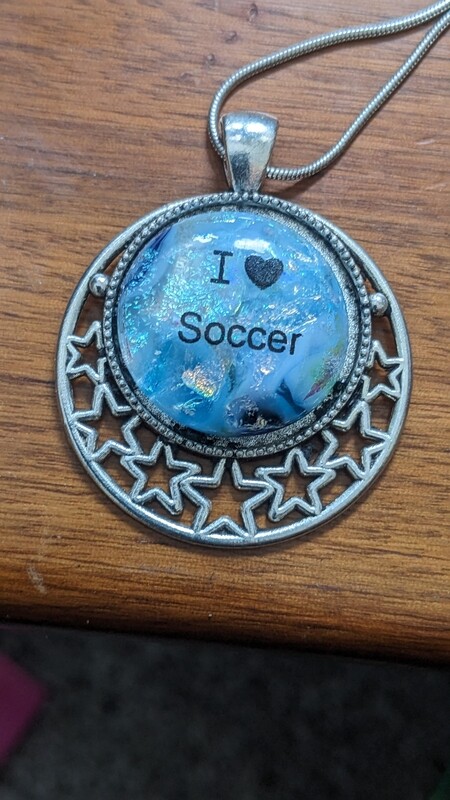 Blue stained glass, Tie-dye Dichroic glass with I Love Soccer pendant 