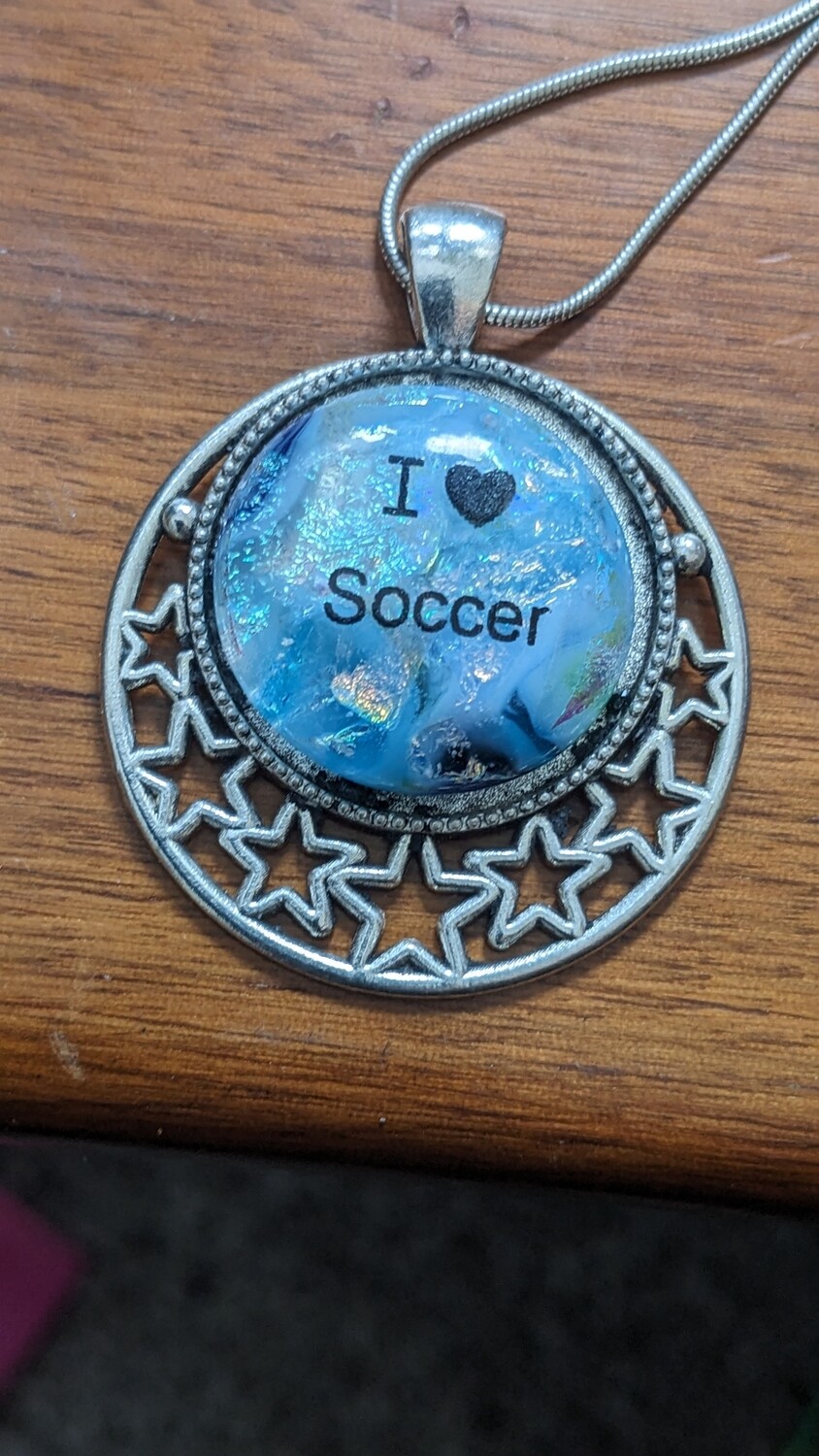 Blue stained glass, Tie-dye Dichroic glass with I Love Soccer pendant 