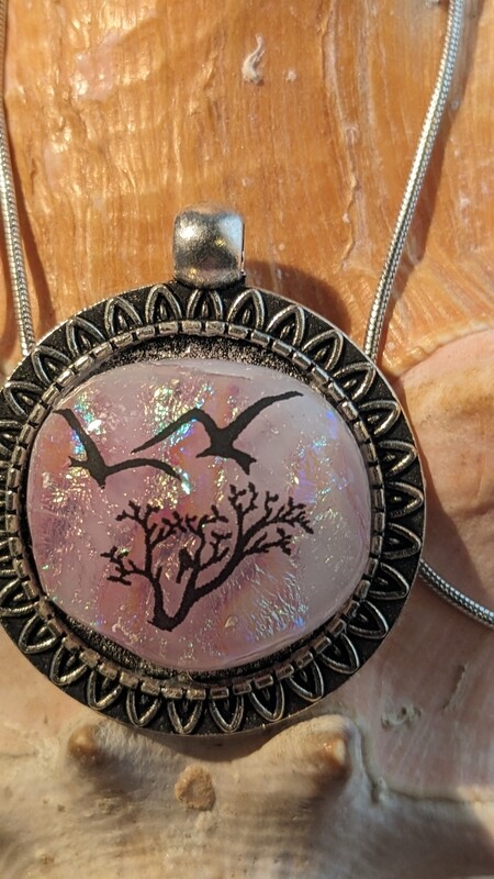 Pink &amp; White stained glass, rainbow Dichroic glass with bird decal on the pendant