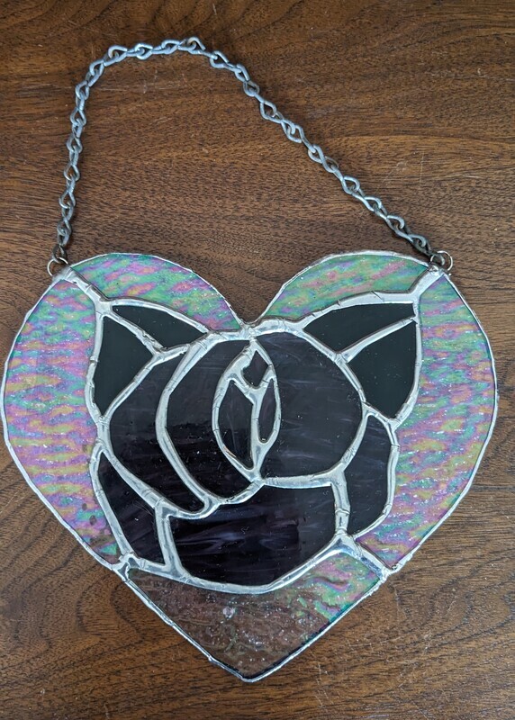 Heart stained glass with rose in the center Suncatcher