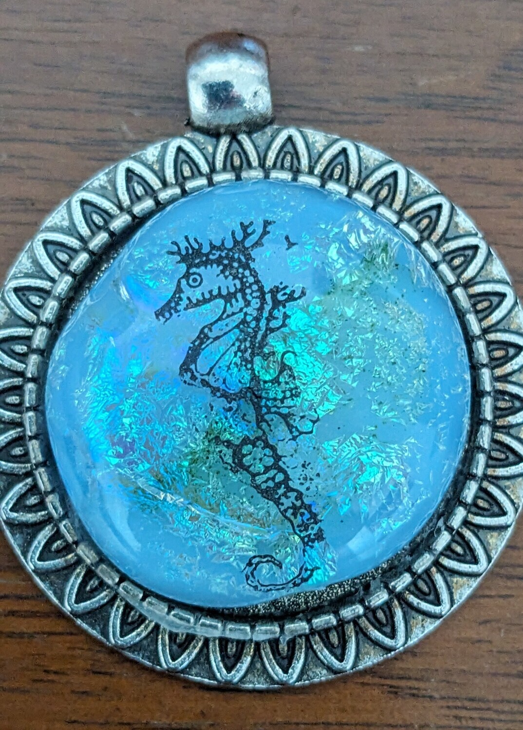Light Blue Stained Glass, Green/Blue Dichroic fused Glass  with a  Seahorse fused pendant