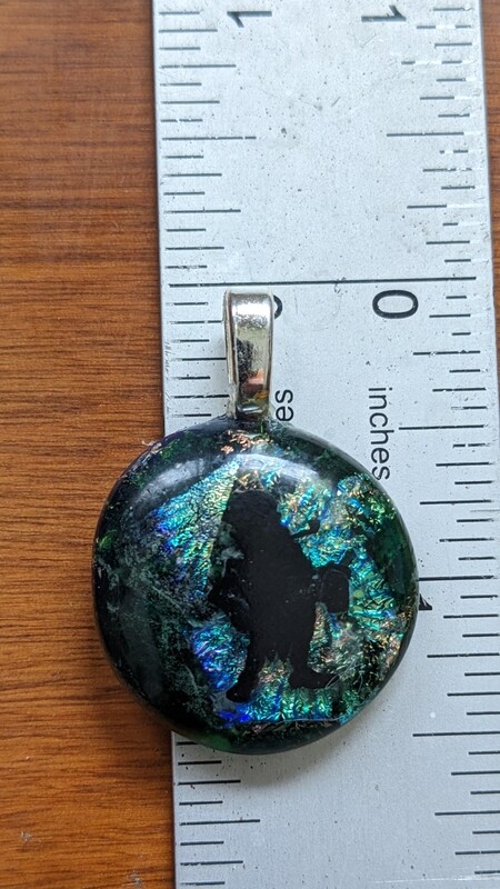 Dark Green Stained Glass, Green/Blue/Yellow/Gold Dichroic Glass Black Iris person fused on Pendant