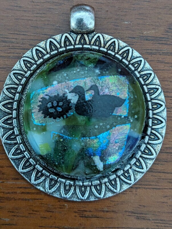 Green, white, blue Stained Glass pendant and Rainbow Dichroic Glass with a decal of a Birds &amp; Eggs Pendant