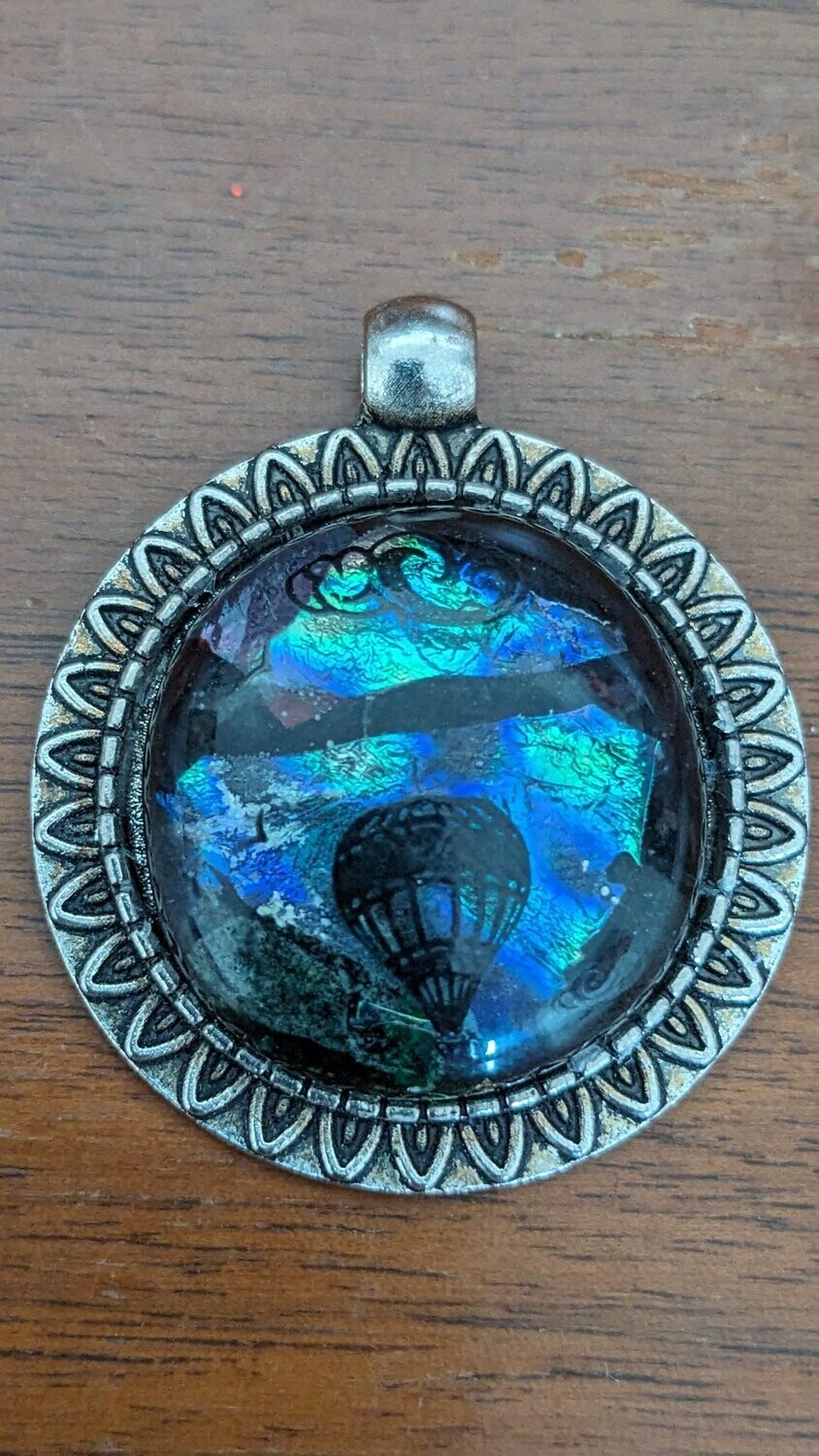 Black Stained Glass, Blue, Green &amp; Orange Dichroic Glass with a Hot Air Balloon below clouds Decal on pendant