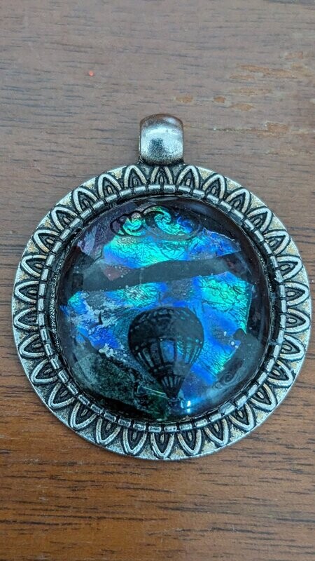 Black Stained Glass, Blue, Green &amp; Orange Dichroic Glass with a Hot Air Balloon below clouds Decal on pendant