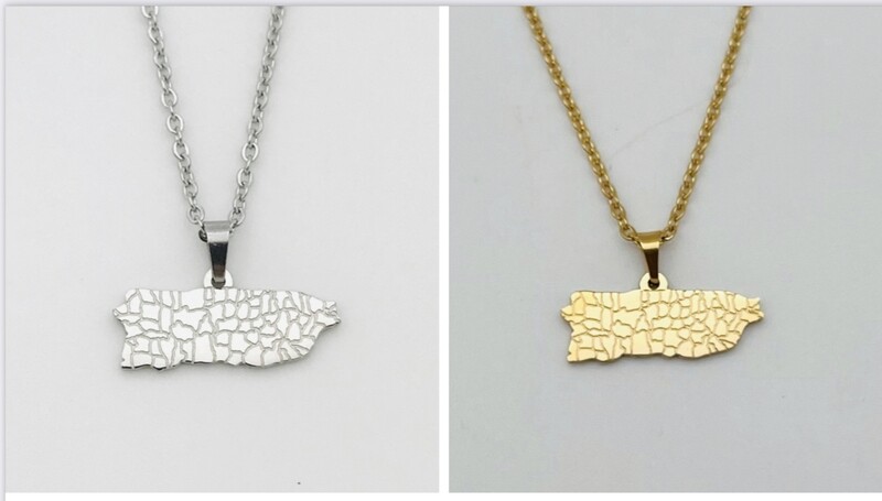 Cadena Mapa de PR con sus Pueblos ( Color Silver Y Color Dorado)