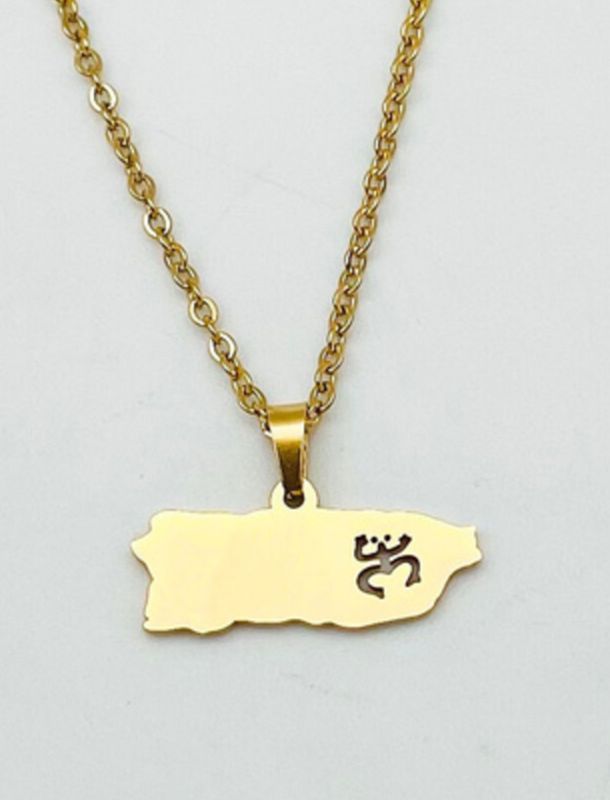 Cadena Y Charm Mapa PR con Coquí Taíno  ( Disponible en Color Silver O Color Dorada) ( Material Stainless Steel )