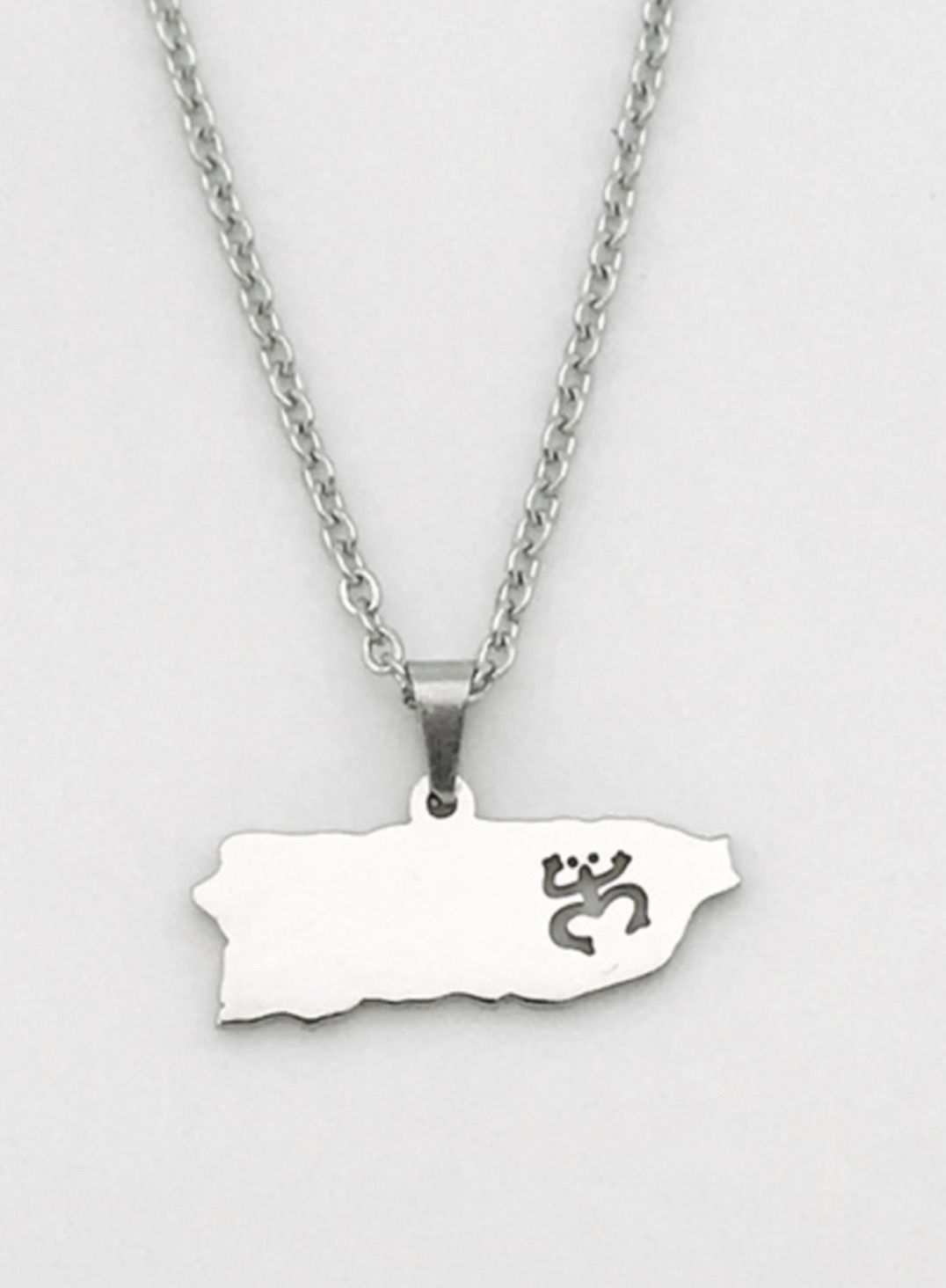 Cadena Y Charm Mapa PR con Coquí Taíno  ( Disponible en Color Silver O Color Dorada) ( Material Stainless Steel )