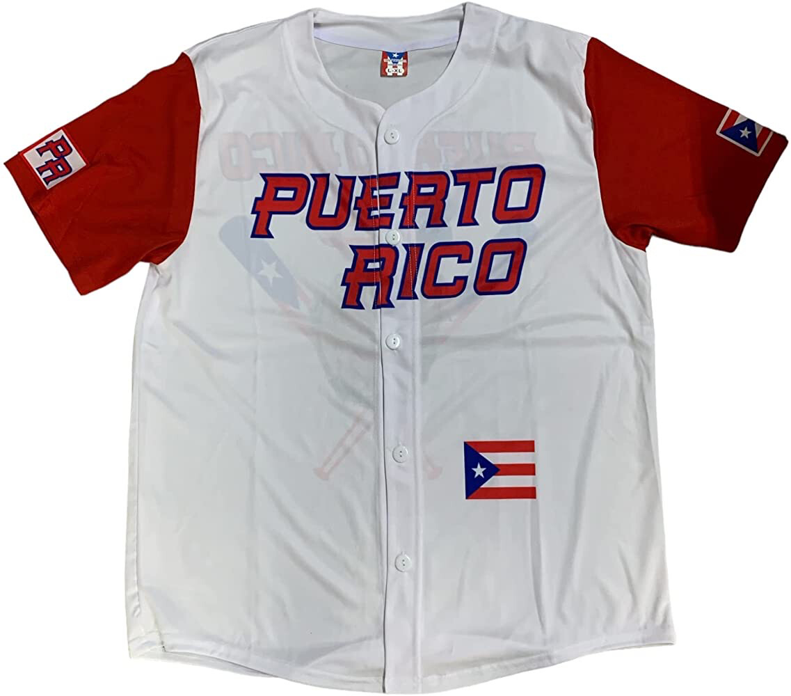Camisa Jersey de Puerto Rico Bate, Guante Y Bola (Adulto Blanca Y Roja)