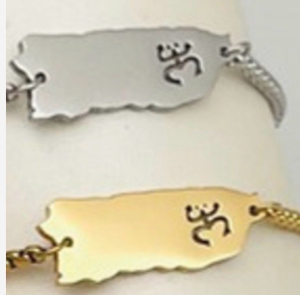 Pulcera de Mano Mapa Coquí Taíno De PR ( Ajustable) ( Material Stainless Steel )