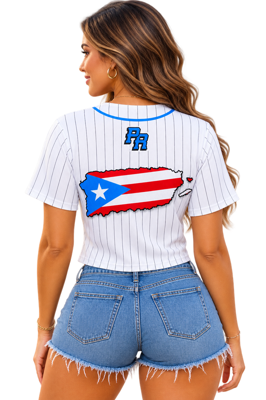 Camisa Jersey PR Crop Top ( Blanca Y Azul Claro Con Mapa De La Isla Del Encanto Atrás.