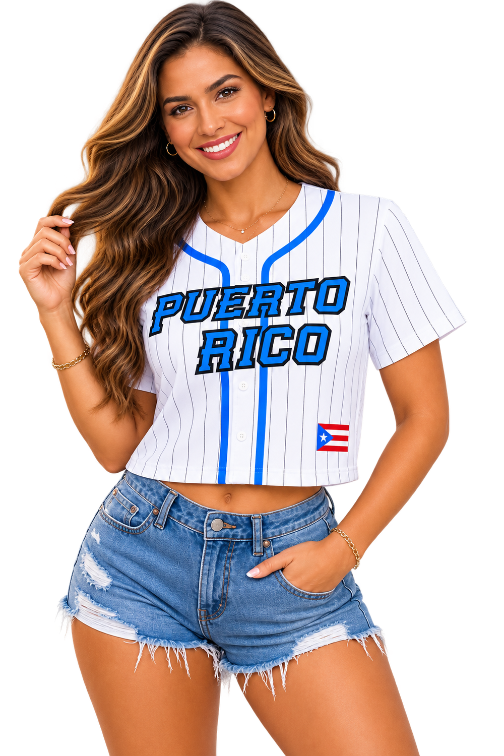 Camisa Jersey PR Crop Top ( Blanca Y Azul Claro Con Mapa De La Isla Del Encanto Atrás.