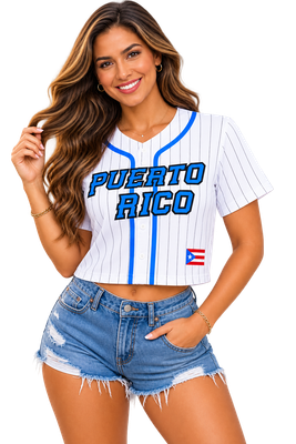 Camisa Jersey PR Crop Top ( Blanca Y Azul Claro Con Mapa De La Isla Del Encanto Atrás.