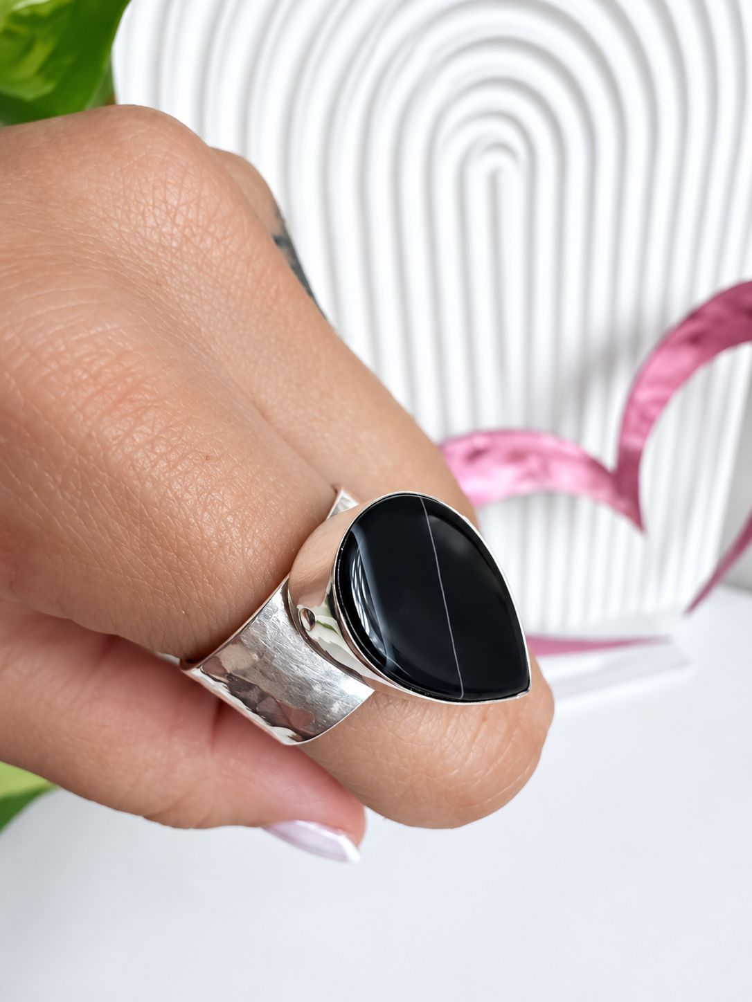 Anillo Gota Agata |PLATA925| Regulable, Martillado