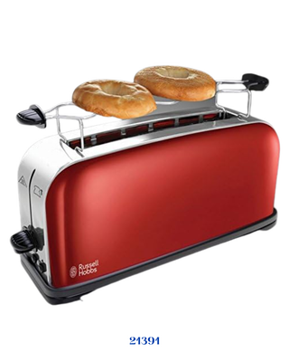 RUSSELL HOBBS COLOURS PLUS FLAME RED 2 SLICE LONG SLOT TOASTER 1000W