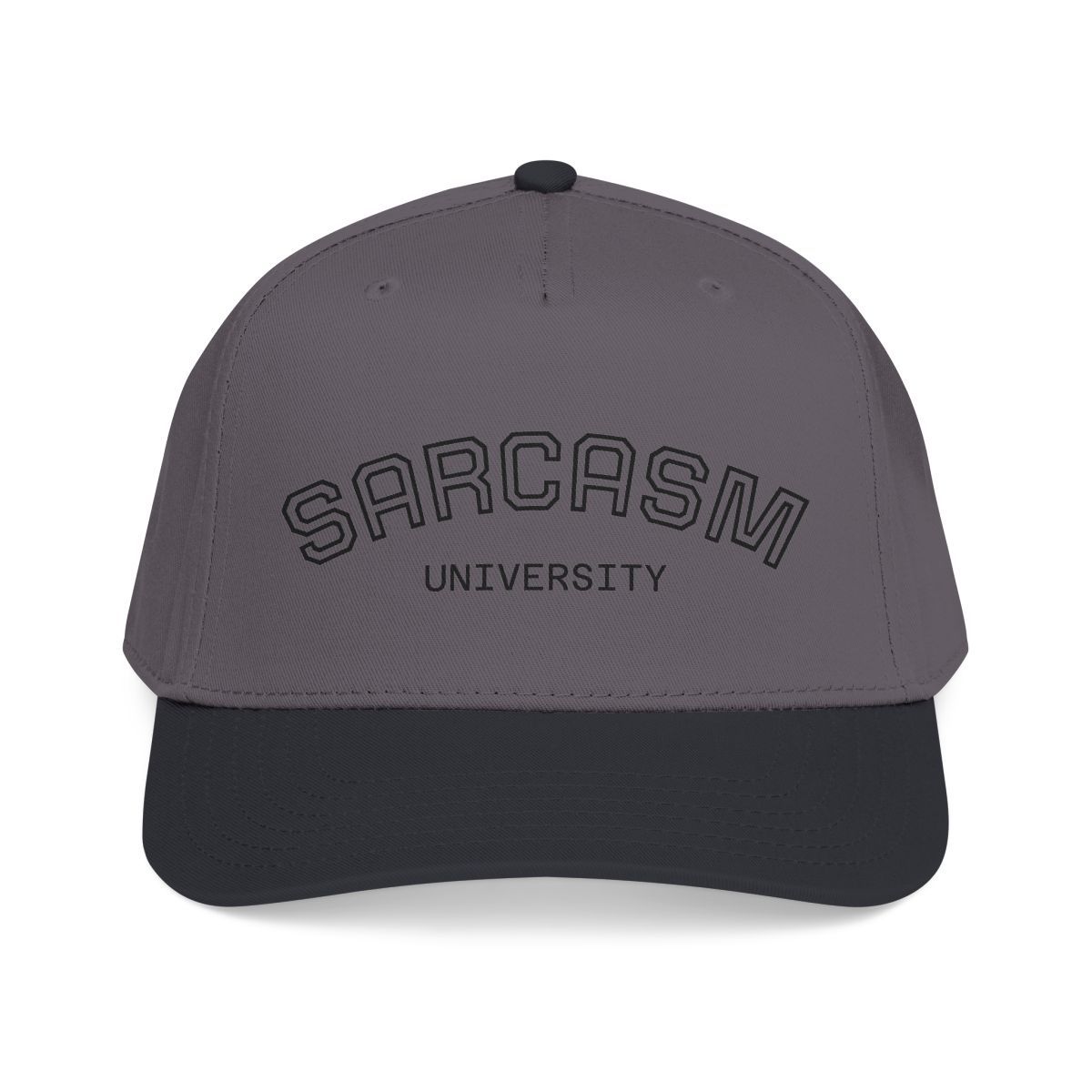 Sarcasm University Baseball Cap — Funny Embroidered Mid-Profile Hat, Hat sizes: One size, Otto Colors: Black / Charcoal Grey