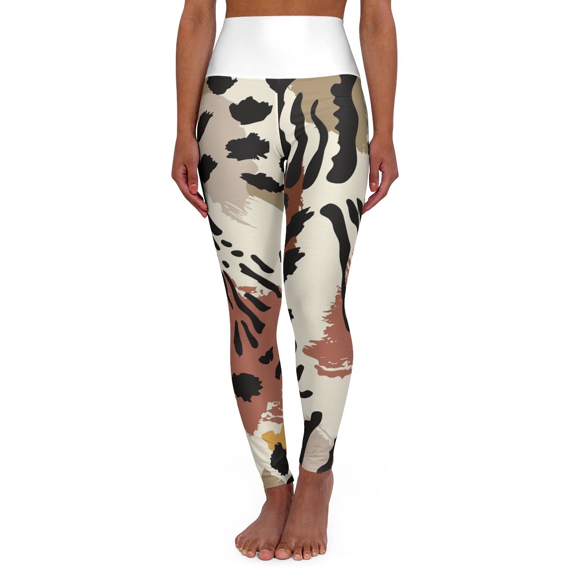 High-Waisted Animal Print Yoga Leggings — Neutral Abstract Leopard AOP, Sizes: S