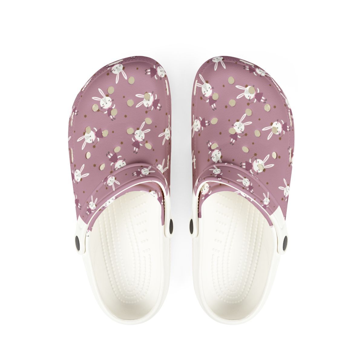 EVA Clogs — Floral Bunny Print Foam Slip-Ons, Sizes: US 6 (Women's), Colors: White